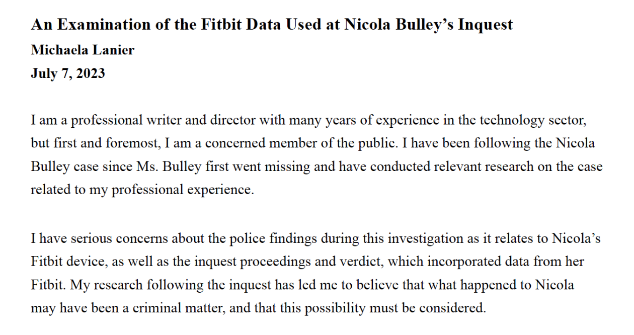 Open Letter Concerning Nicola Bulley's Fitbit Data